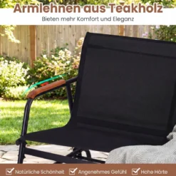 Schaukelbank für 3 Personen Terrassenbank mit geschwungenen Teakholz-Armlehnen Schwarz
