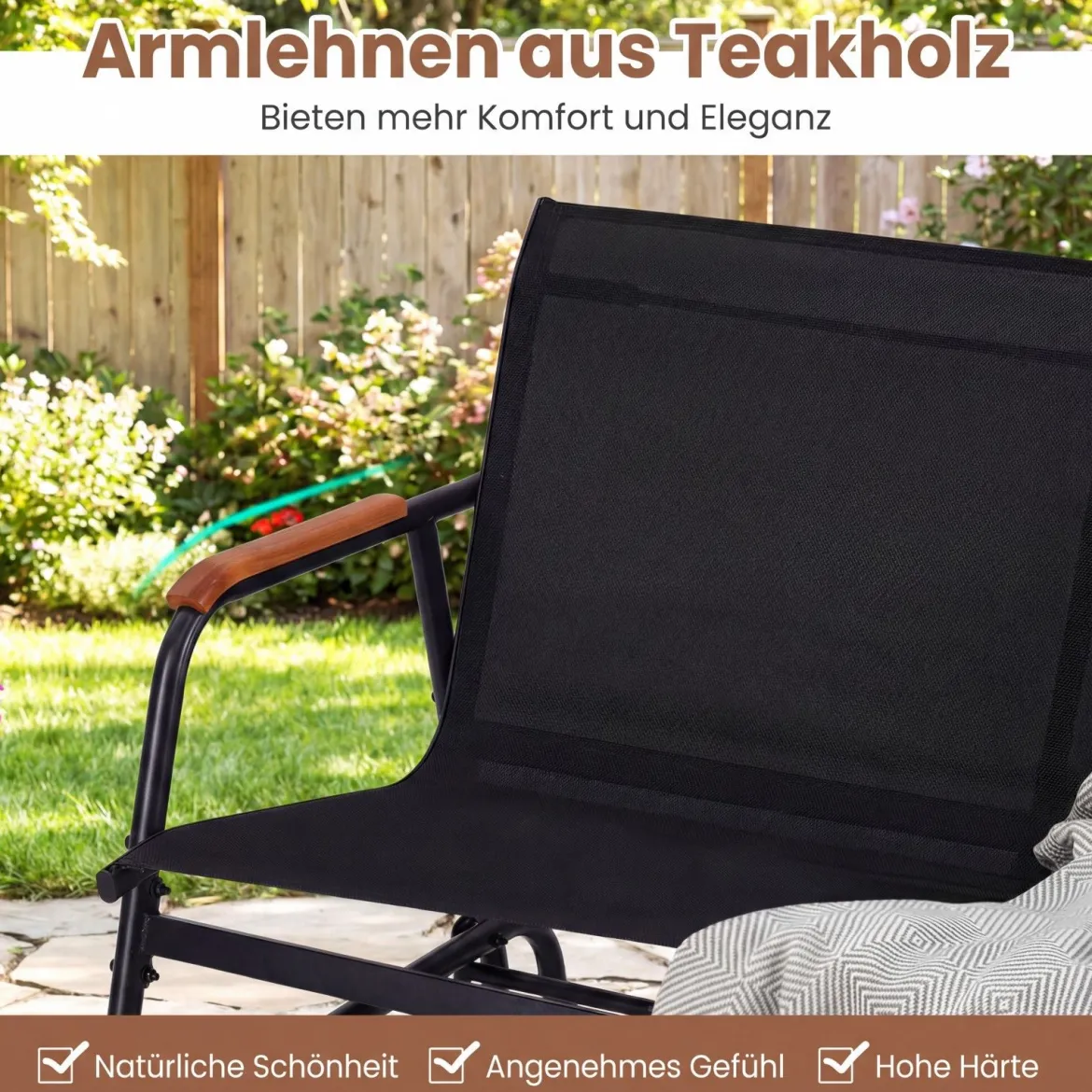 Schaukelbank für 3 Personen Terrassenbank mit geschwungenen Teakholz-Armlehnen Schwarz