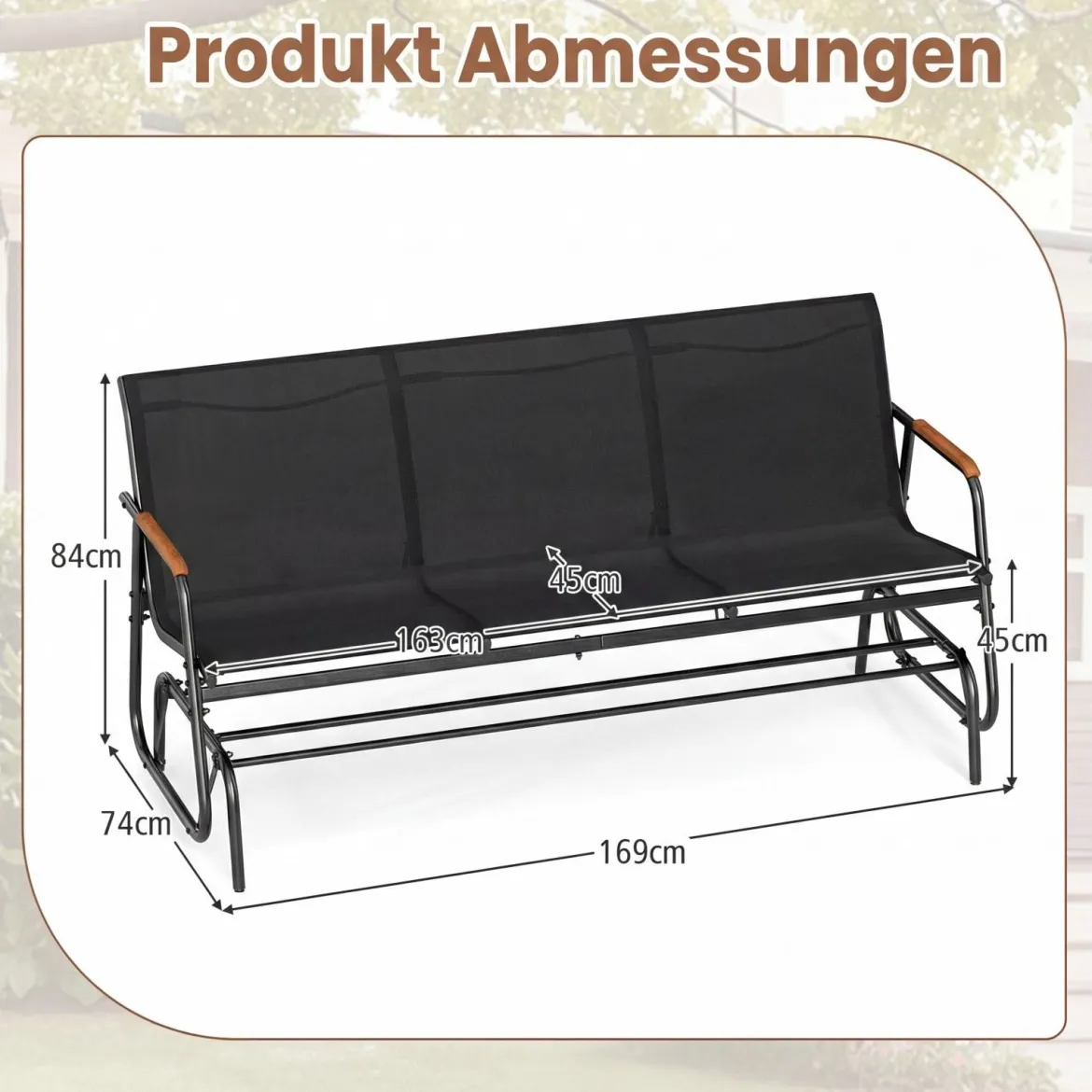 Schaukelbank für 3 Personen Terrassenbank mit geschwungenen Teakholz-Armlehnen Schwarz