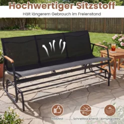 Schaukelbank für 3 Personen Terrassenbank mit geschwungenen Teakholz-Armlehnen Schwarz