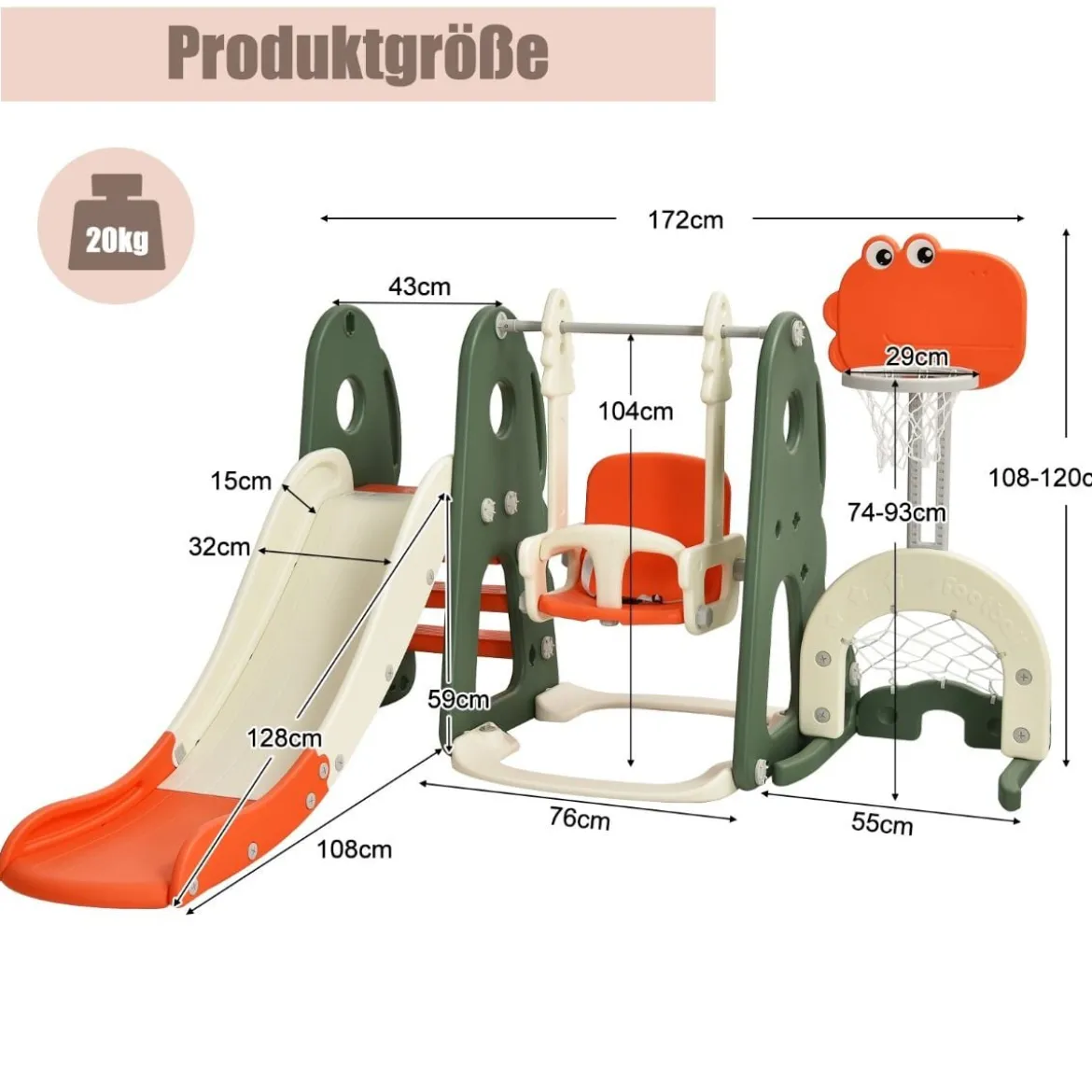 Schaukelgerüst Rutschen- und Schaukel-Set für Kleinkinder 172 x 182 x 108-120 cm Orange