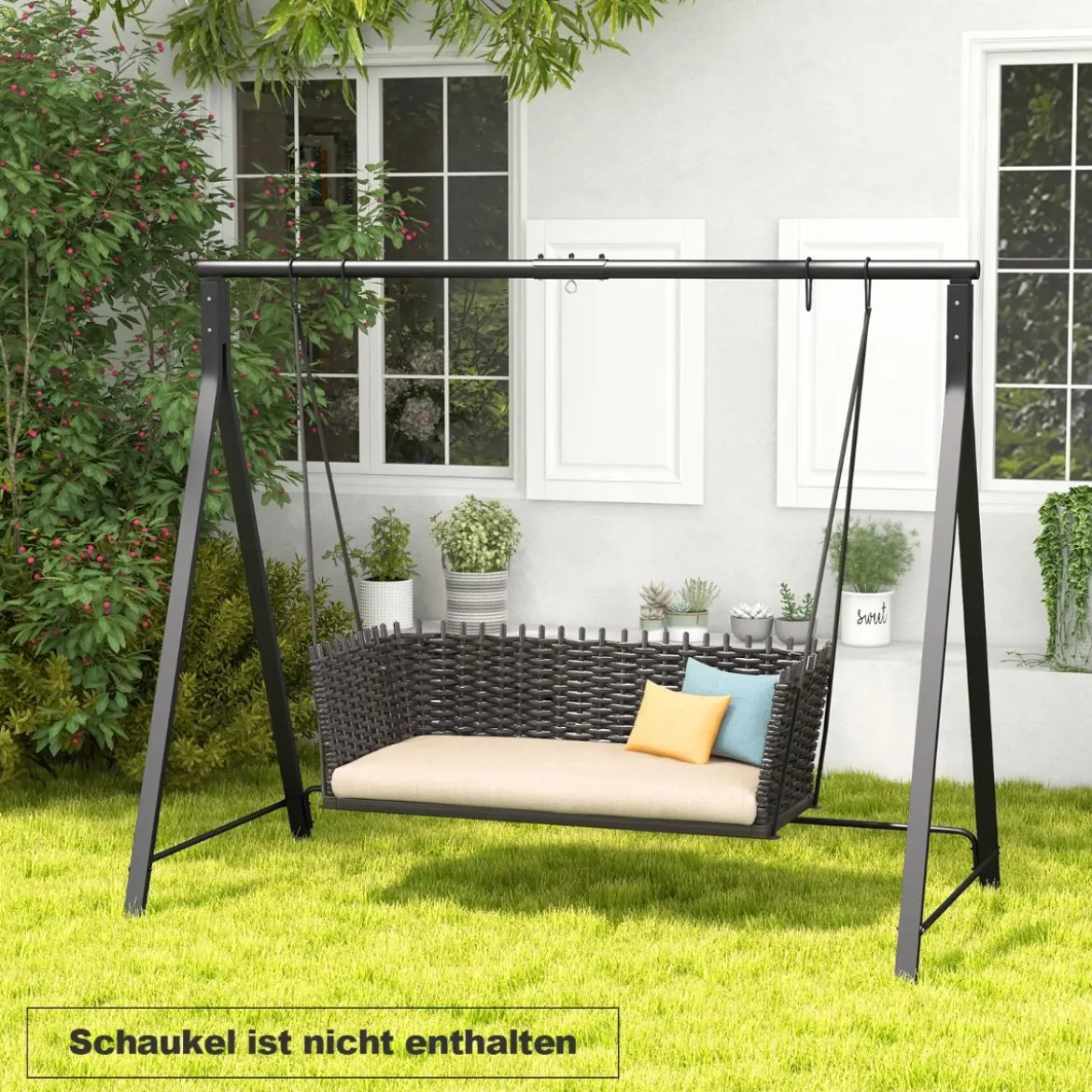 Schaukelgestell aus Metall mit 5 Aufhängeringen Schaukelständer 210 x 115 x 175 cm Schwarz