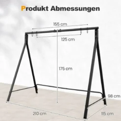 Schaukelgestell aus Metall mit 5 Aufhängeringen Schaukelständer 210 x 115 x 175 cm Schwarz