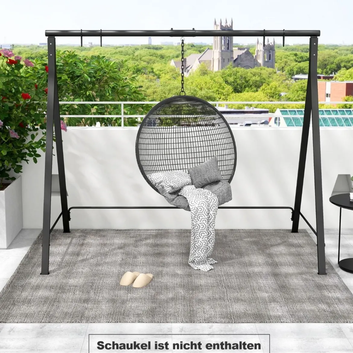 Schaukelgestell aus Metall mit 5 Aufhängeringen Schaukelständer 210 x 115 x 175 cm Schwarz
