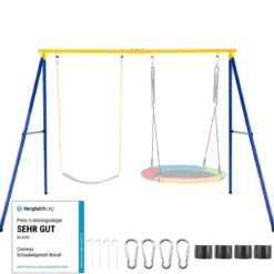Schaukelgestell mit A-Rahmen Doppelschaukel Metallahmen 249 x 185 x 181,5 cm Blau + Gelb