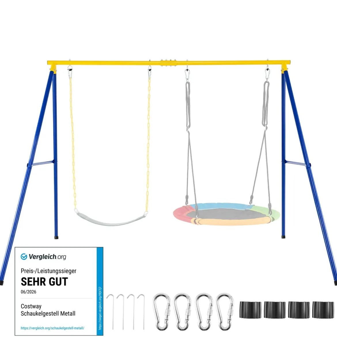 Schaukelgestell mit A-Rahmen Doppelschaukel Metallahmen 249 x 185 x 181,5 cm Blau + Gelb