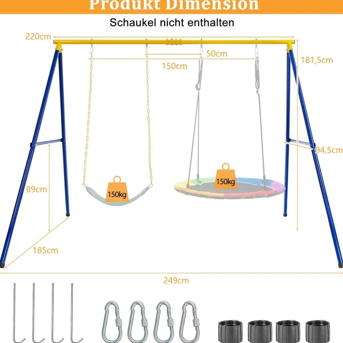 Schaukelgestell mit A-Rahmen Doppelschaukel Metallahmen 249 x 185 x 181,5 cm Blau + Gelb