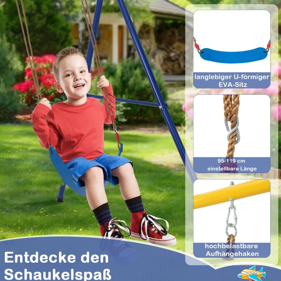 Schaukelgestell mit elastischer Schaukel Tellerschaukel 246 x 190 x 188 cm Gelb + Blau