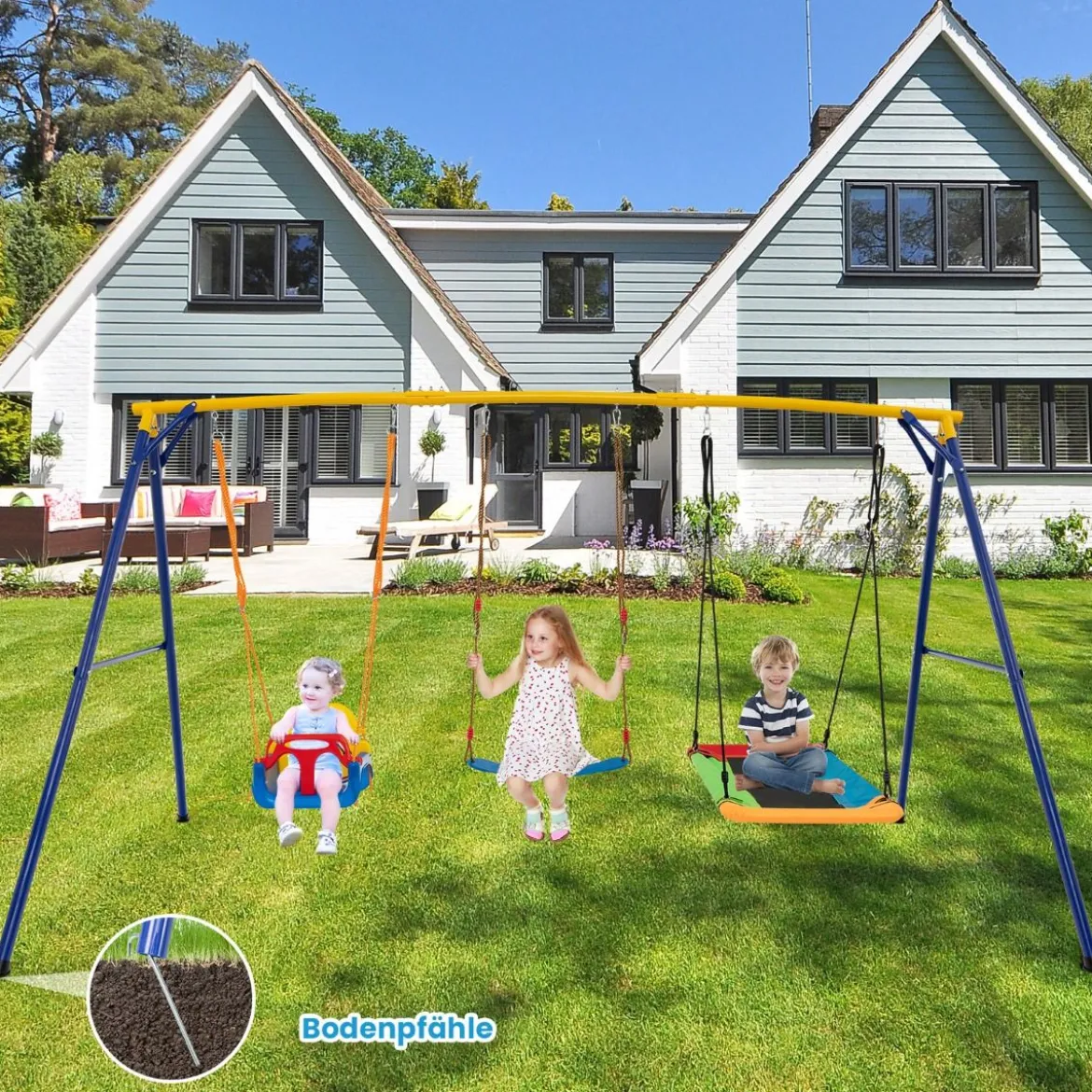 Schaukelgestell mit Nestschaukel elastischer Kinderschaukel & Babyschaukel 350 x 182 x 195 cm Gelb + Blau