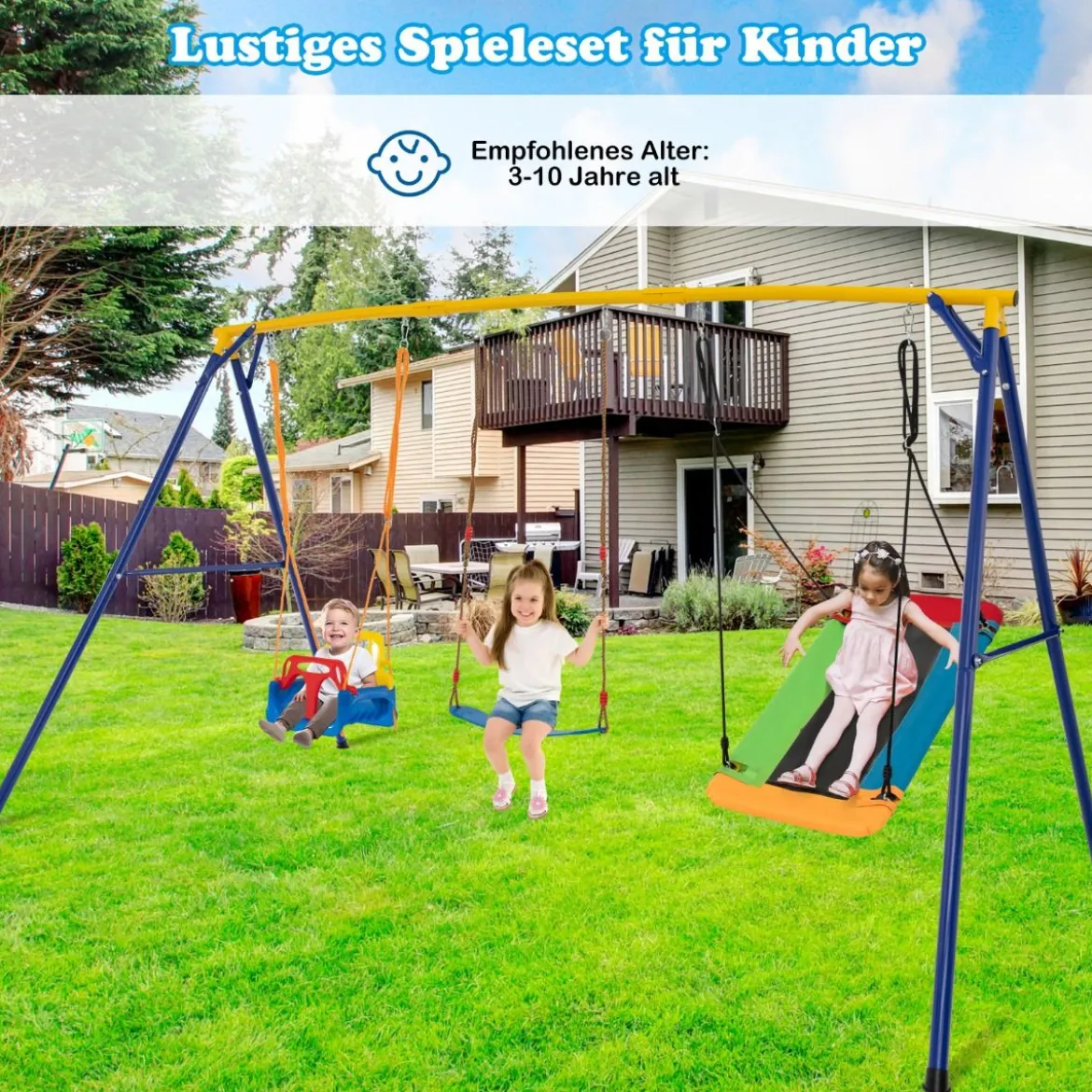 Schaukelgestell mit Nestschaukel elastischer Kinderschaukel & Babyschaukel 350 x 182 x 195 cm Gelb + Blau