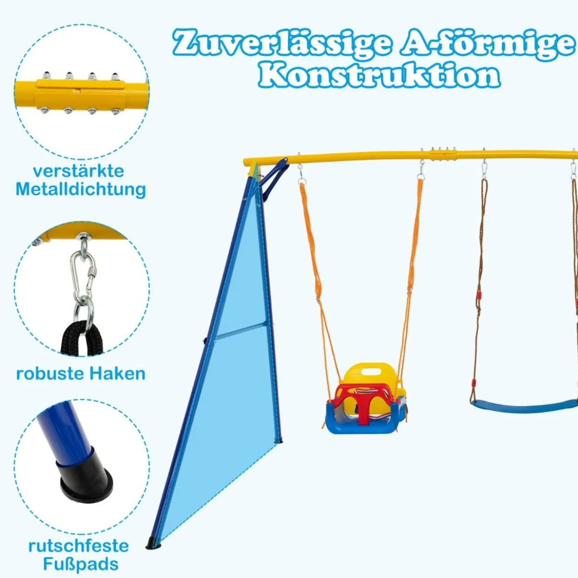Schaukelgestell mit Nestschaukel elastischer Kinderschaukel & Babyschaukel 350 x 182 x 195 cm Gelb + Blau