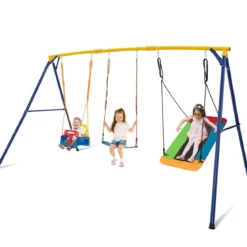 Schaukelgestell mit Nestschaukel elastischer Kinderschaukel & Babyschaukel 350 x 182 x 195 cm Gelb + Blau