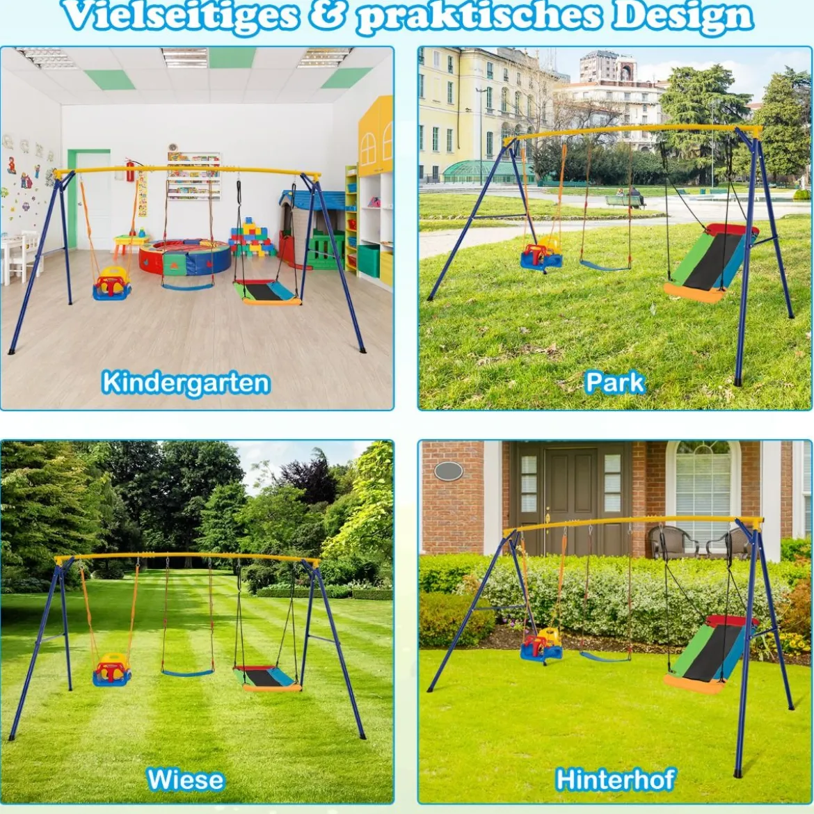 Schaukelgestell mit Nestschaukel elastischer Kinderschaukel & Babyschaukel 350 x 182 x 195 cm Gelb + Blau