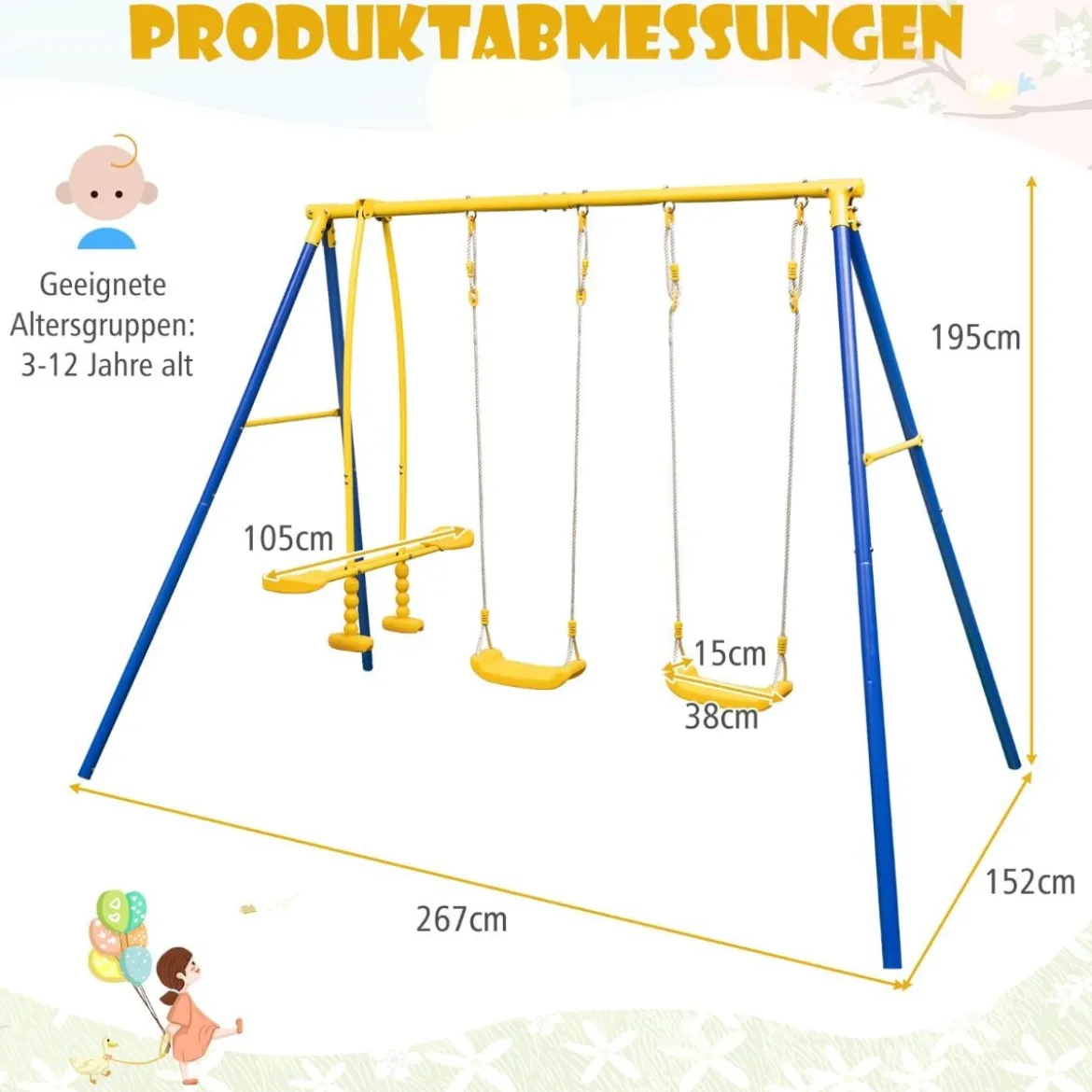 Schaukelgestell mit 2 Schaukeln & Gleitersitzen & Verstellbaren Hängeseilen Kinderschaukel