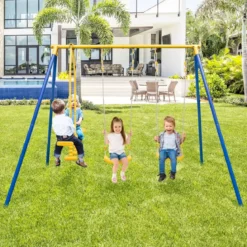 Schaukelgestell mit 2 Schaukeln & Gleitersitzen & Verstellbaren Hängeseilen Kinderschaukel
