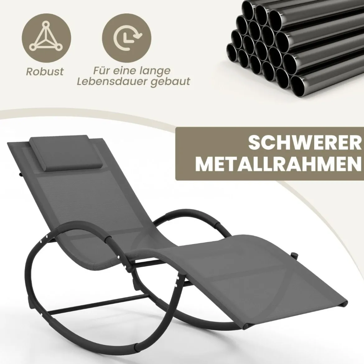 Schaukelliegestuhl mit Abnehmbarem Kopfstützkissen & Atmungsaktivem Polster Grau