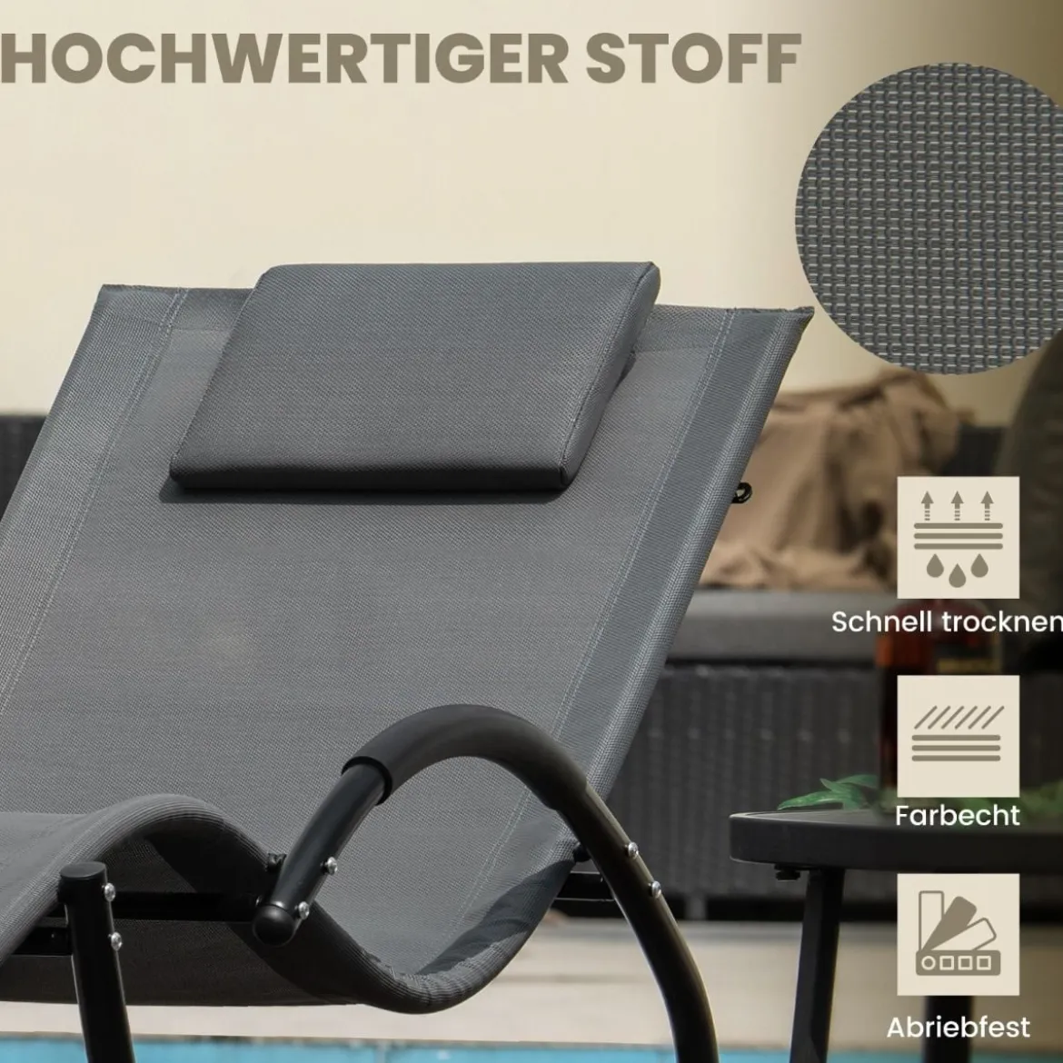 Schaukelliegestuhl mit Abnehmbarem Kopfstützkissen & Atmungsaktivem Polster Grau