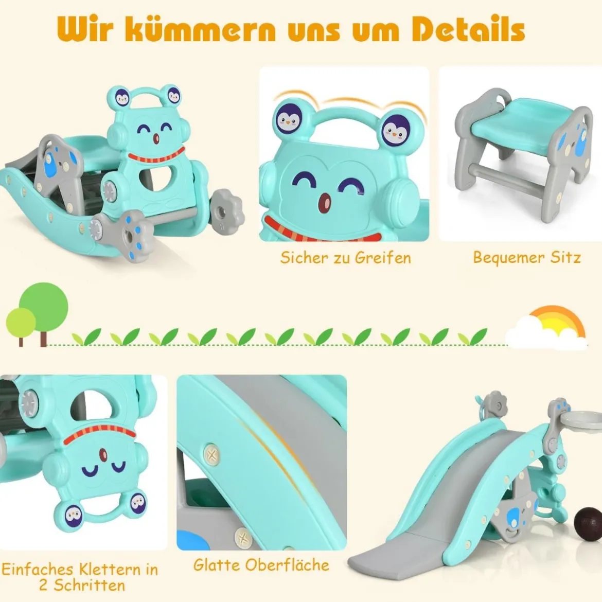 Schaukelpferd & Rutsche Multifunktionale Schaukelpferd-Rutsche mit Basketballkorb Blau