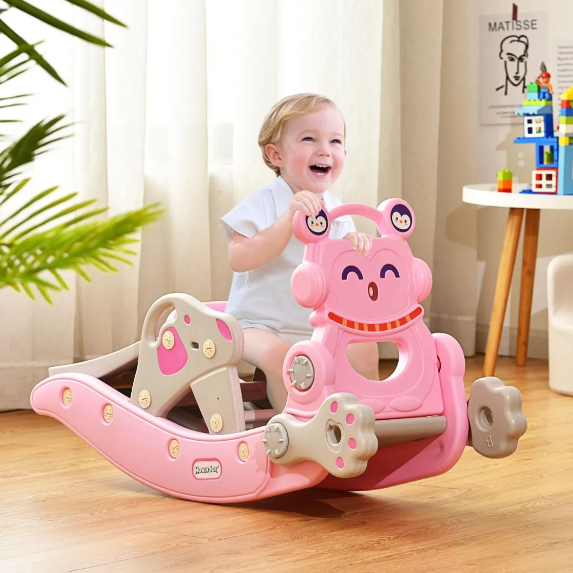 Schaukelpferd & Rutsche Multifunktionale Schaukelpferd-Rutsche mit Basketballkorb Rosa