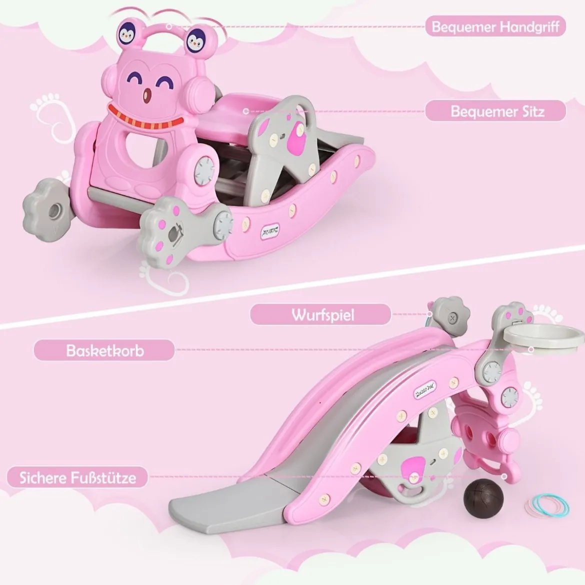 Schaukelpferd & Rutsche Multifunktionale Schaukelpferd-Rutsche mit Basketballkorb Rosa