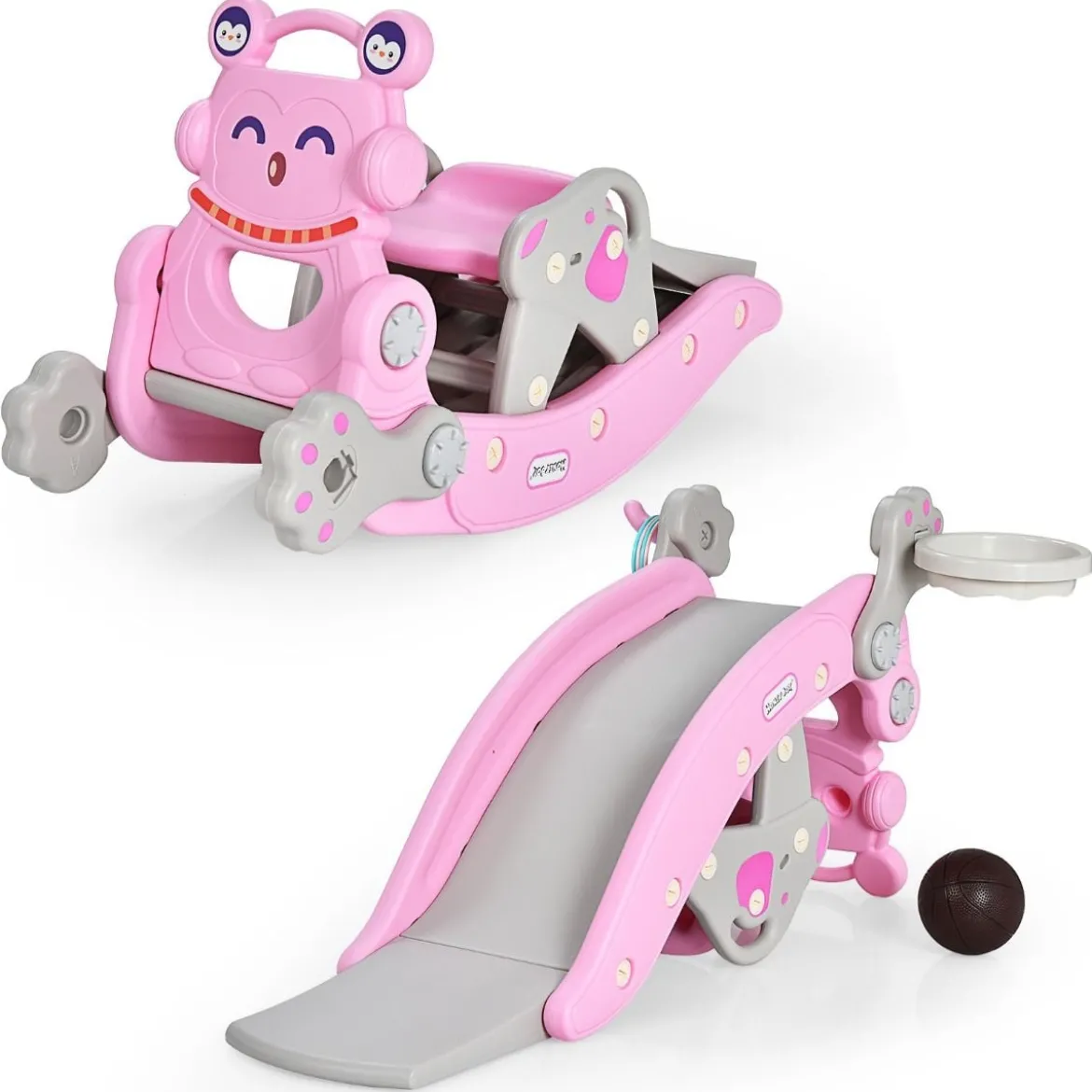 Schaukelpferd & Rutsche Multifunktionale Schaukelpferd-Rutsche mit Basketballkorb Rosa
