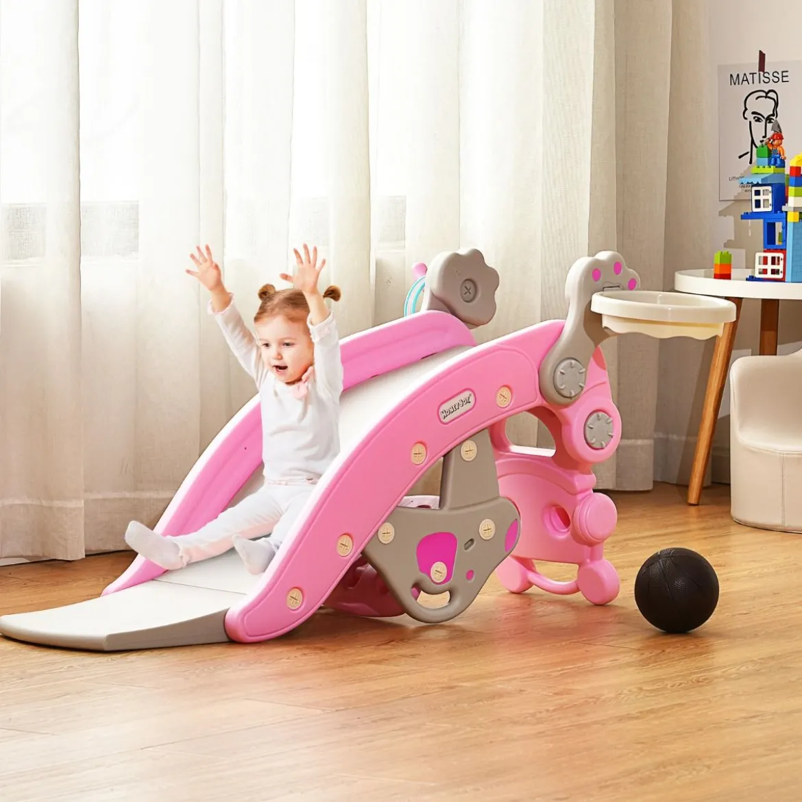 Schaukelpferd & Rutsche Multifunktionale Schaukelpferd-Rutsche mit Basketballkorb Rosa