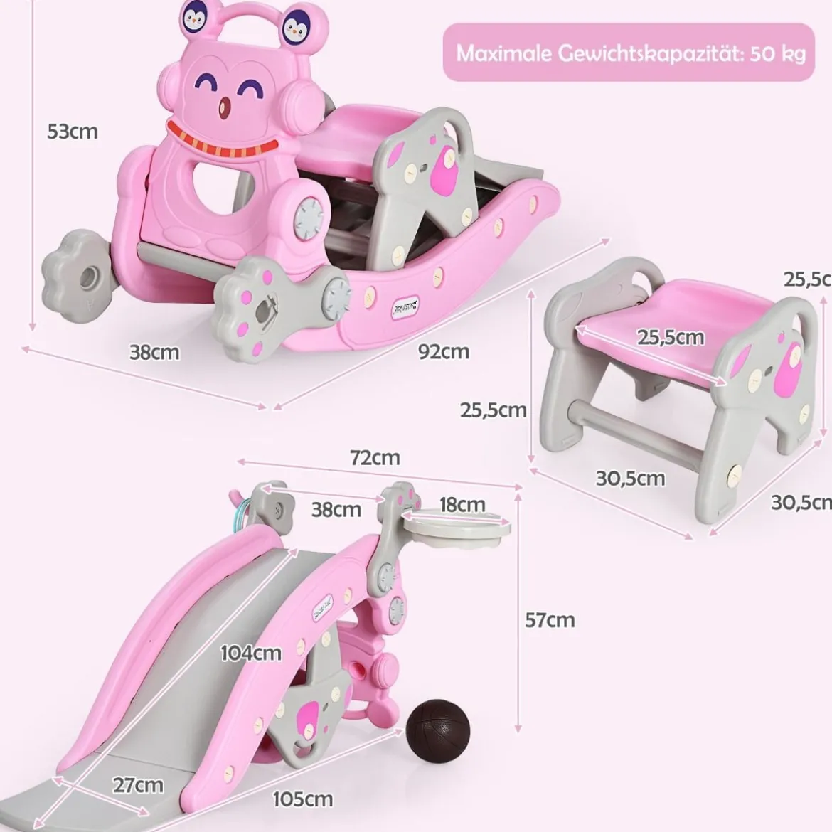 Schaukelpferd & Rutsche Multifunktionale Schaukelpferd-Rutsche mit Basketballkorb Rosa