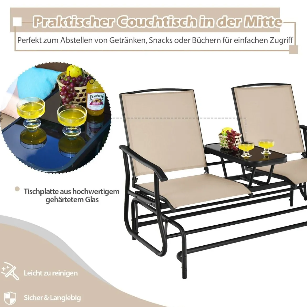 Schaukelsitz für 2 Personen Schaukelbank mit Doppelsitz & Tisch Beige