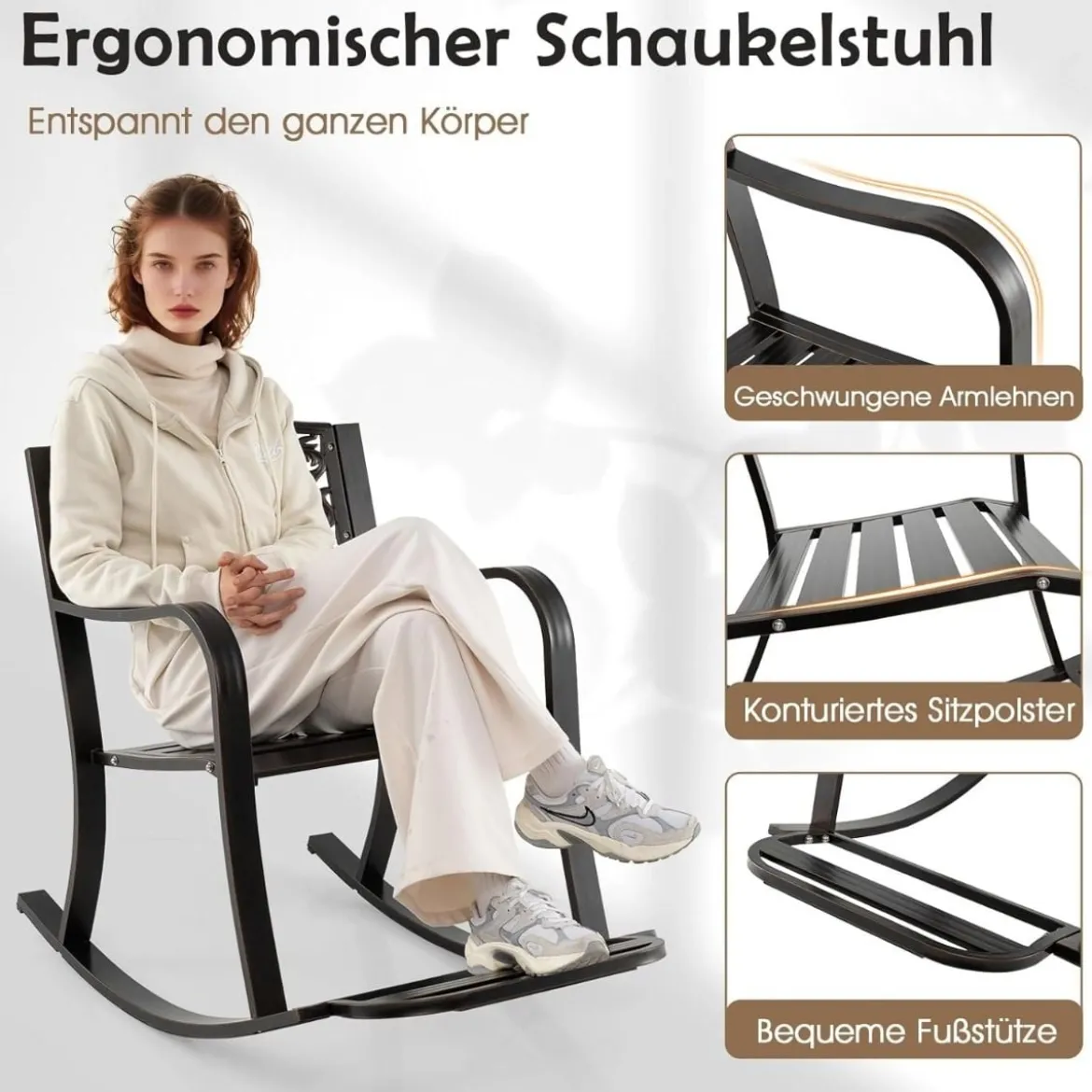 Schaukelstuhl aus Aluminiumguss mit Fußstütze Schaukelsessel Relaxstuhl Schwingsessel