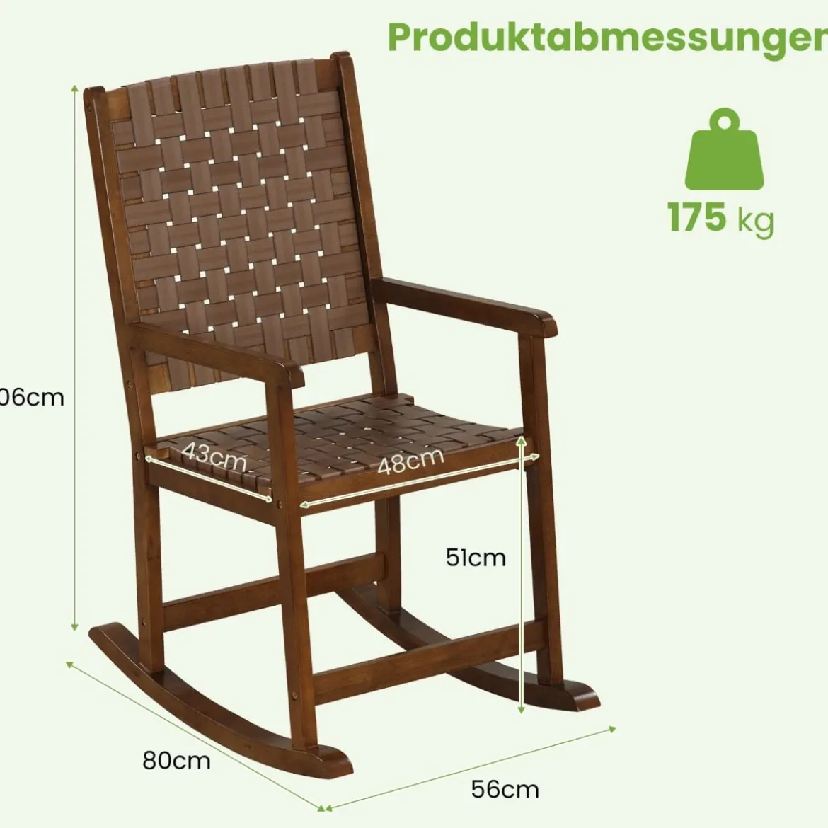 Schaukelstuhl aus Holz mit Armlehne & Kunstledergeflecht & Gummibaumrahmen Braun