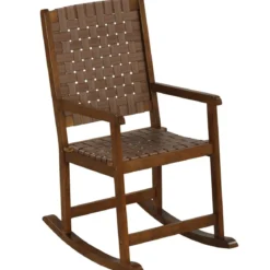 Schaukelstuhl aus Holz mit Armlehne & Kunstledergeflecht & Gummibaumrahmen Braun