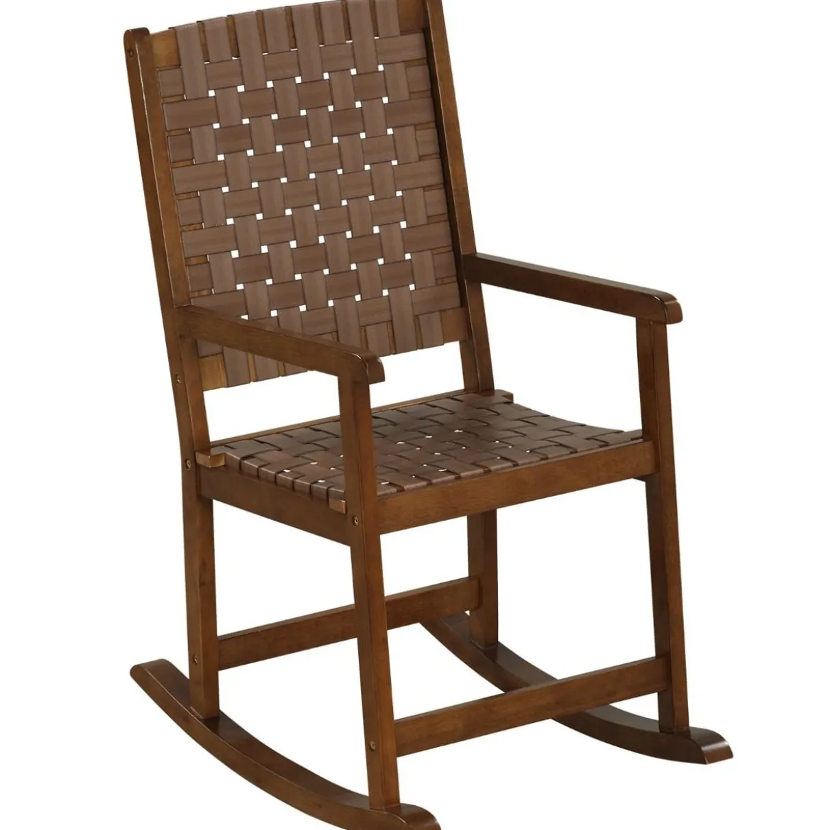 Schaukelstuhl aus Holz mit Armlehne & Kunstledergeflecht & Gummibaumrahmen Braun