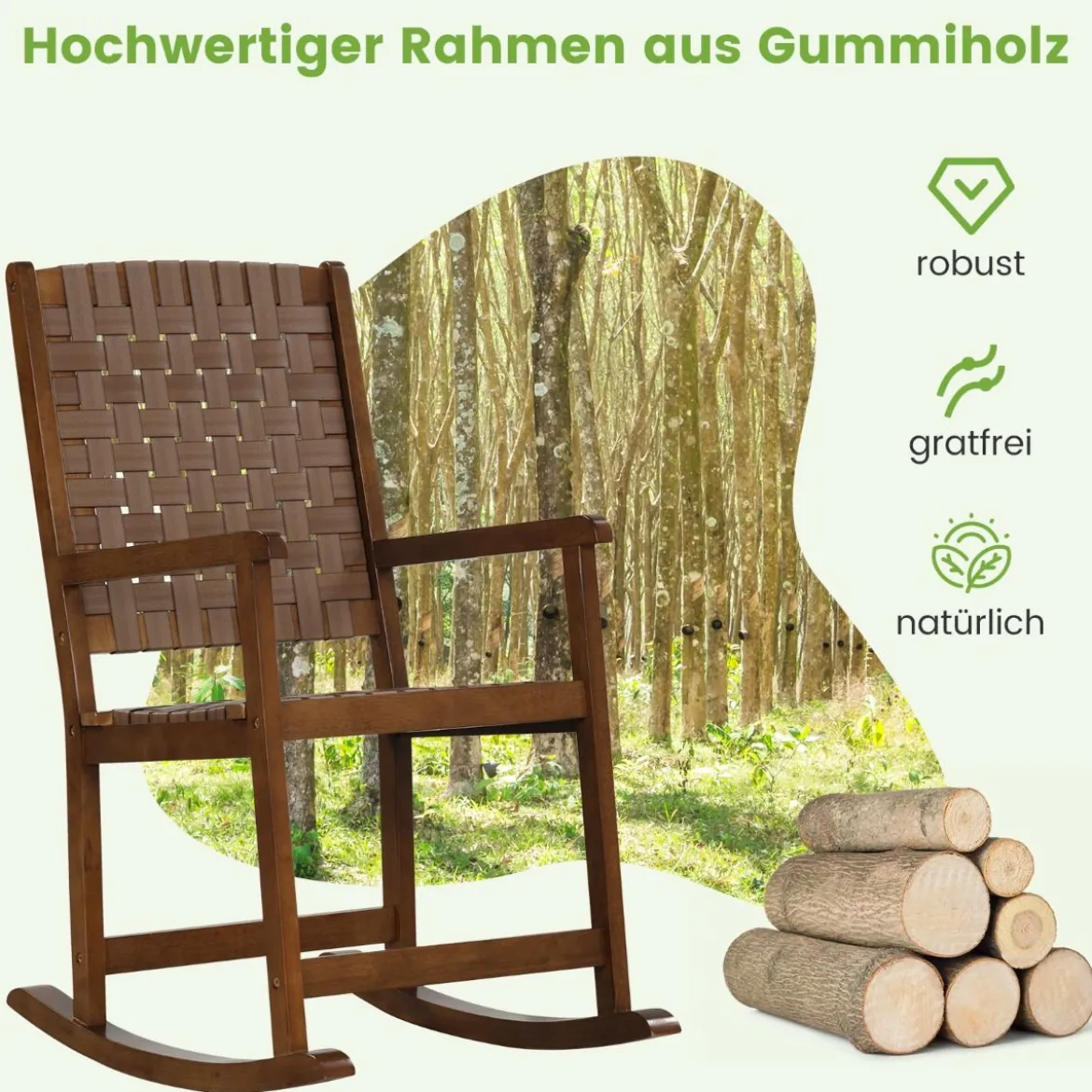 Schaukelstuhl aus Holz mit Armlehne & Kunstledergeflecht & Gummibaumrahmen Braun