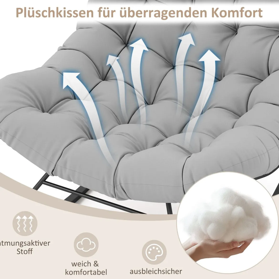 Schaukelstuhl für drinnen & draußen übergroßer Papasan-Stuhl mit gepolstertem Kissen Terrassensessel mit 205 kg Tragkraft Hellgrau