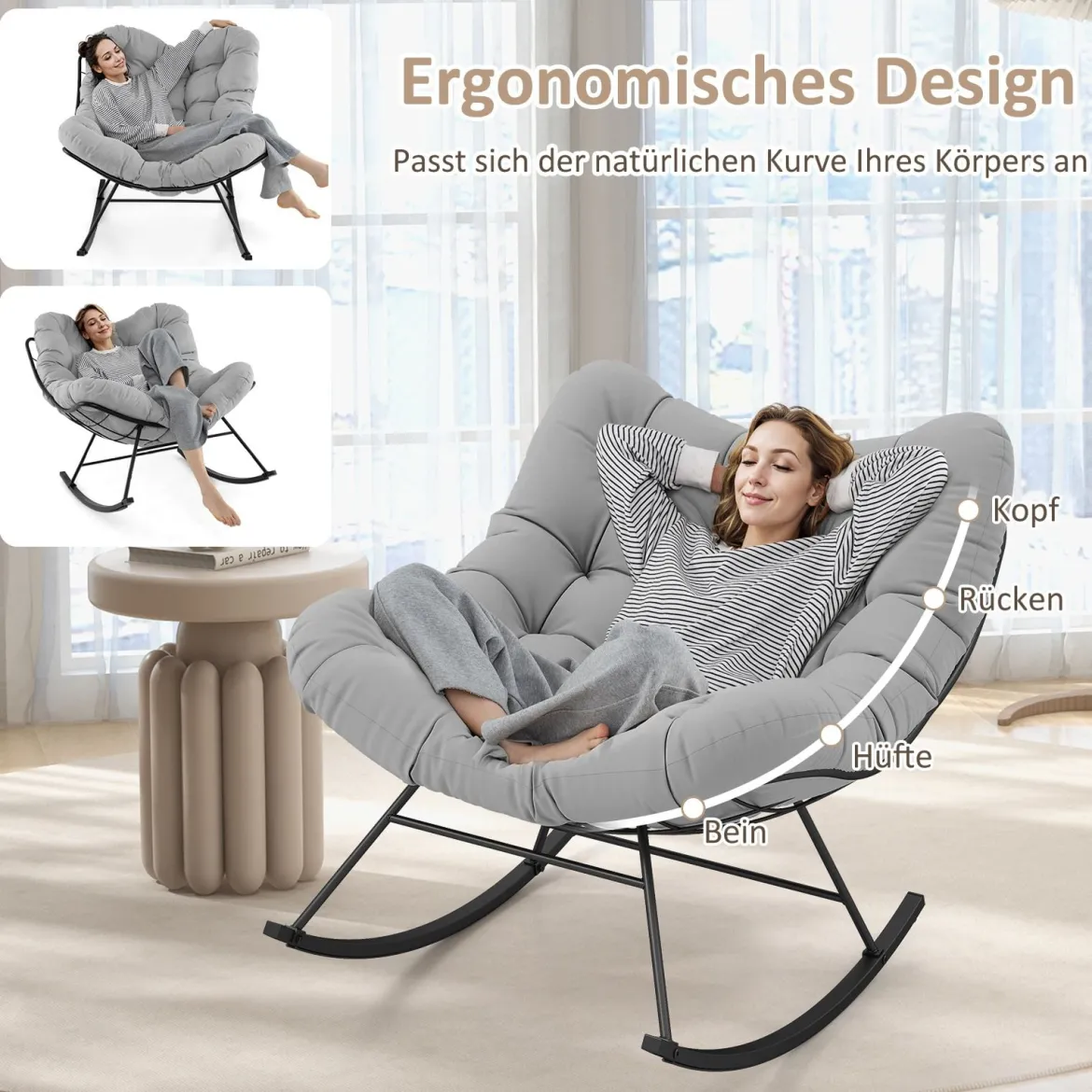 Schaukelstuhl für drinnen & draußen übergroßer Papasan-Stuhl mit gepolstertem Kissen Terrassensessel mit 205 kg Tragkraft Hellgrau