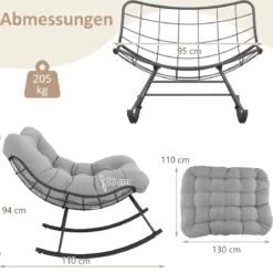 Schaukelstuhl für drinnen & draußen übergroßer Papasan-Stuhl mit gepolstertem Kissen Terrassensessel mit 205 kg Tragkraft Hellgrau