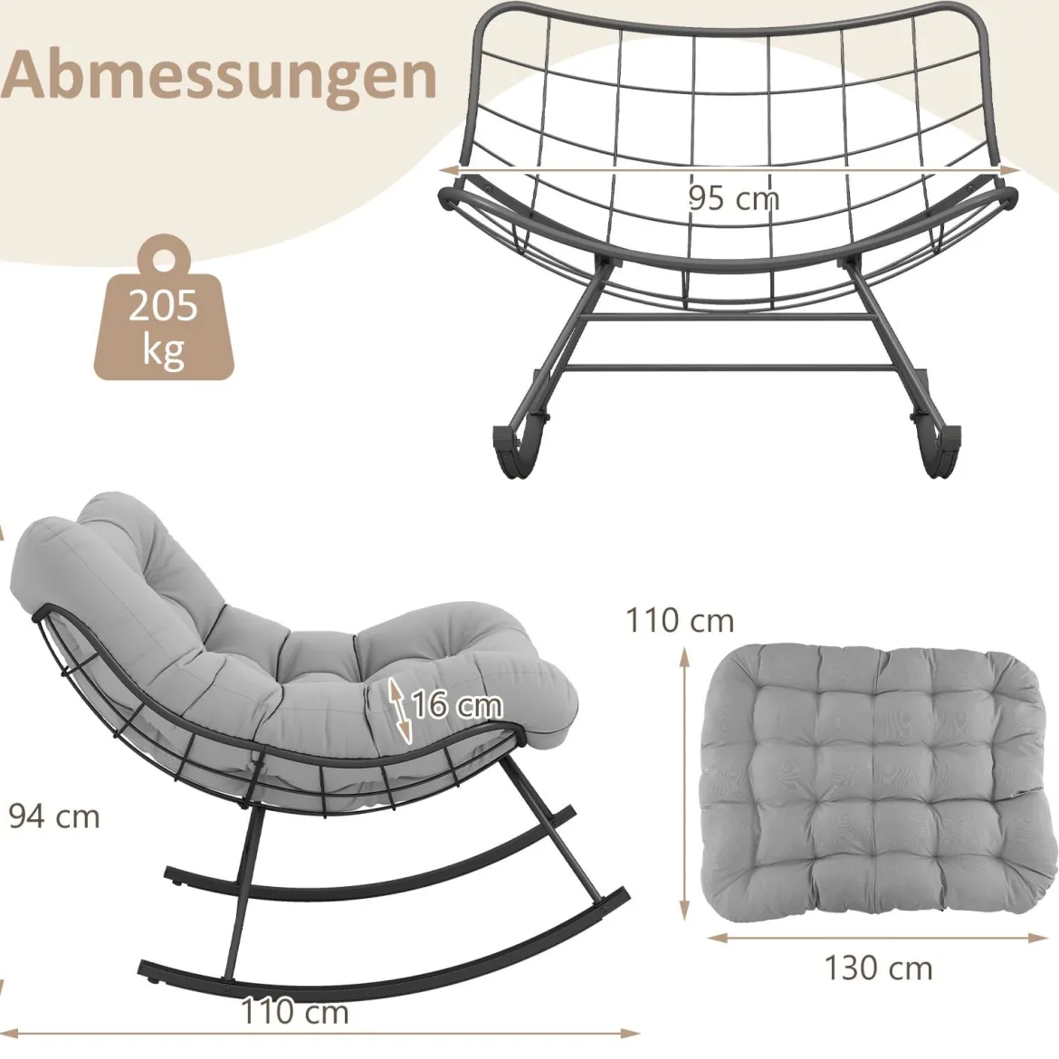 Schaukelstuhl für drinnen & draußen übergroßer Papasan-Stuhl mit gepolstertem Kissen Terrassensessel mit 205 kg Tragkraft Hellgrau