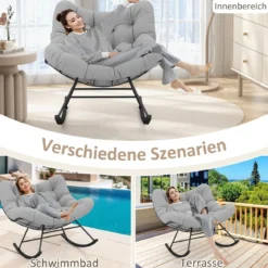 Schaukelstuhl für drinnen & draußen übergroßer Papasan-Stuhl mit gepolstertem Kissen Terrassensessel mit 205 kg Tragkraft Hellgrau