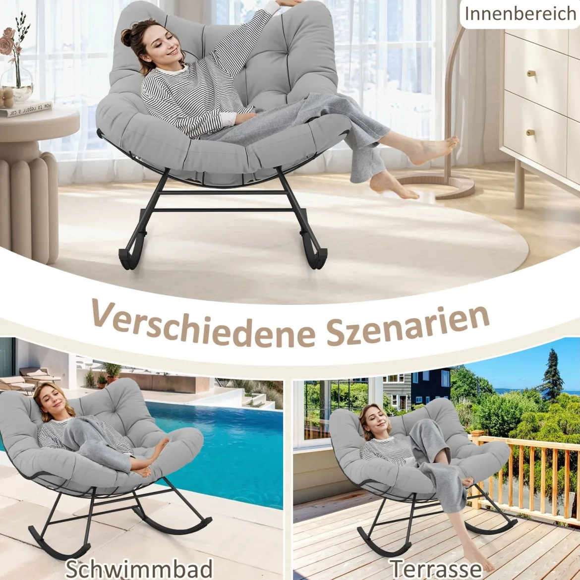 Schaukelstuhl für drinnen & draußen übergroßer Papasan-Stuhl mit gepolstertem Kissen Terrassensessel mit 205 kg Tragkraft Hellgrau