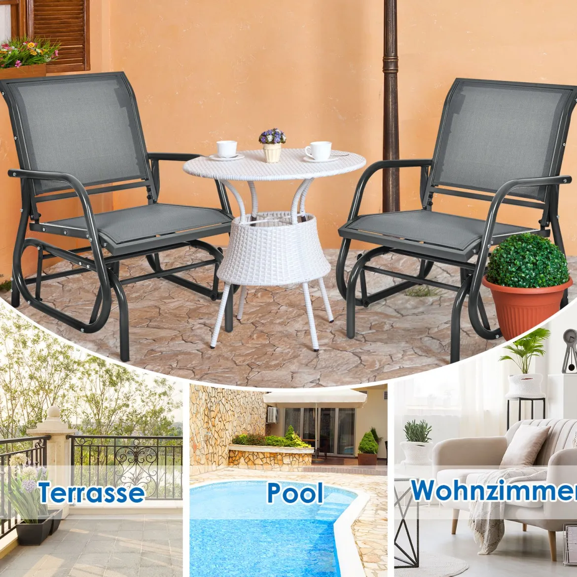 Schaukelstuhl Gartenstuhl Outdoor-Schaukelstuhl mit Metallrahmen Schwingsessel wasserdicht Grau
