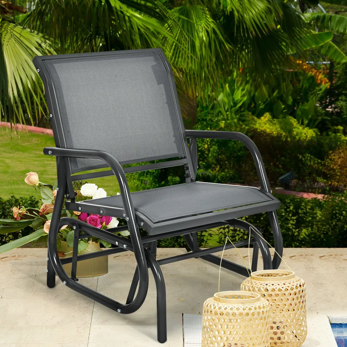 Schaukelstuhl Gartenstuhl Outdoor-Schaukelstuhl mit Metallrahmen Schwingsessel wasserdicht Grau