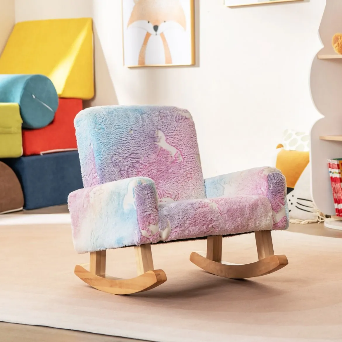 Schaukelstuhl Kinder Kindersofa im Dunkeln Leuchtend Kindersessel gepolstert aus Flanellstoff Bunt