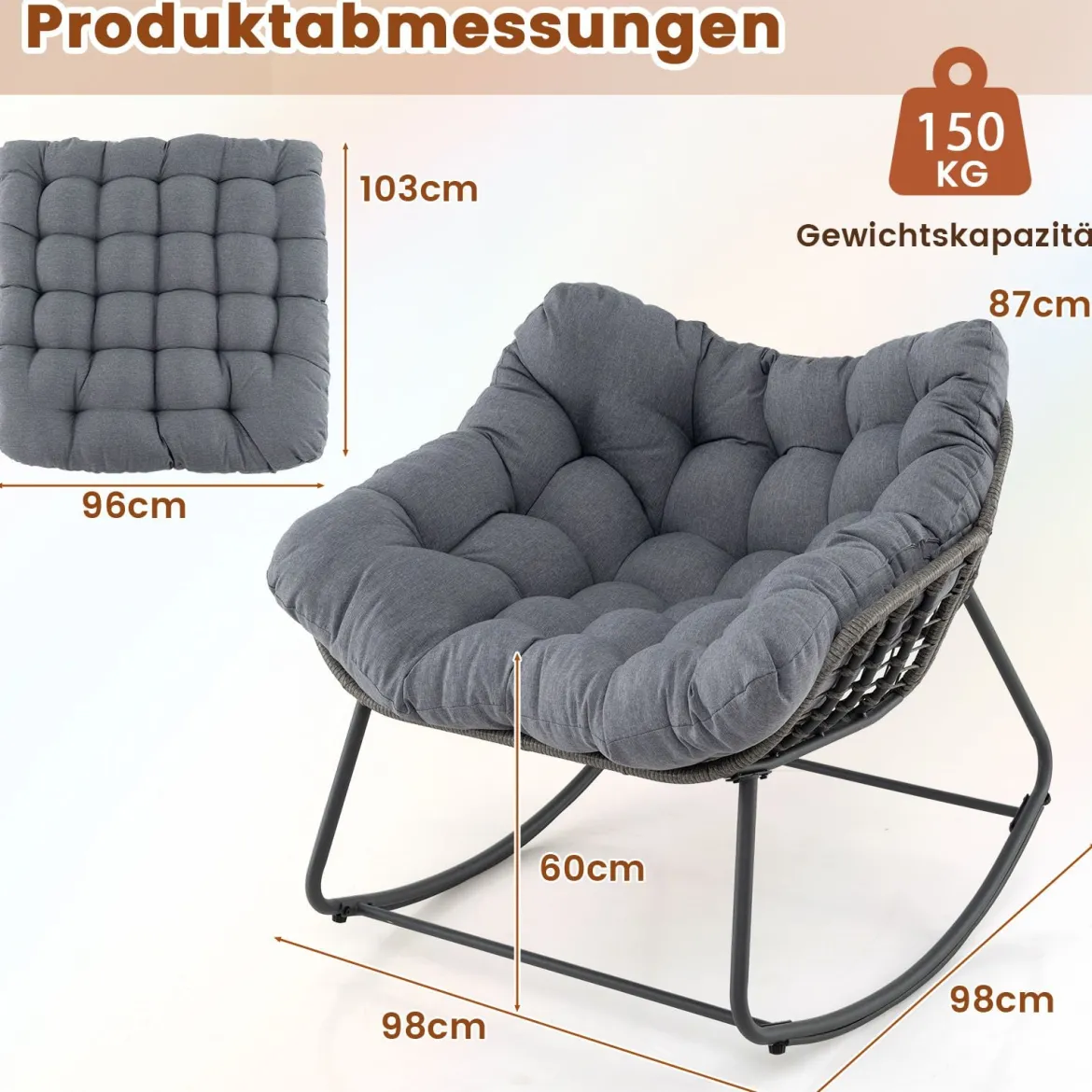 Schaukelstuhl mit Dickem & Abnehmbarem Kissen Übergroßer Schaukelsessel Relaxsessel Grau