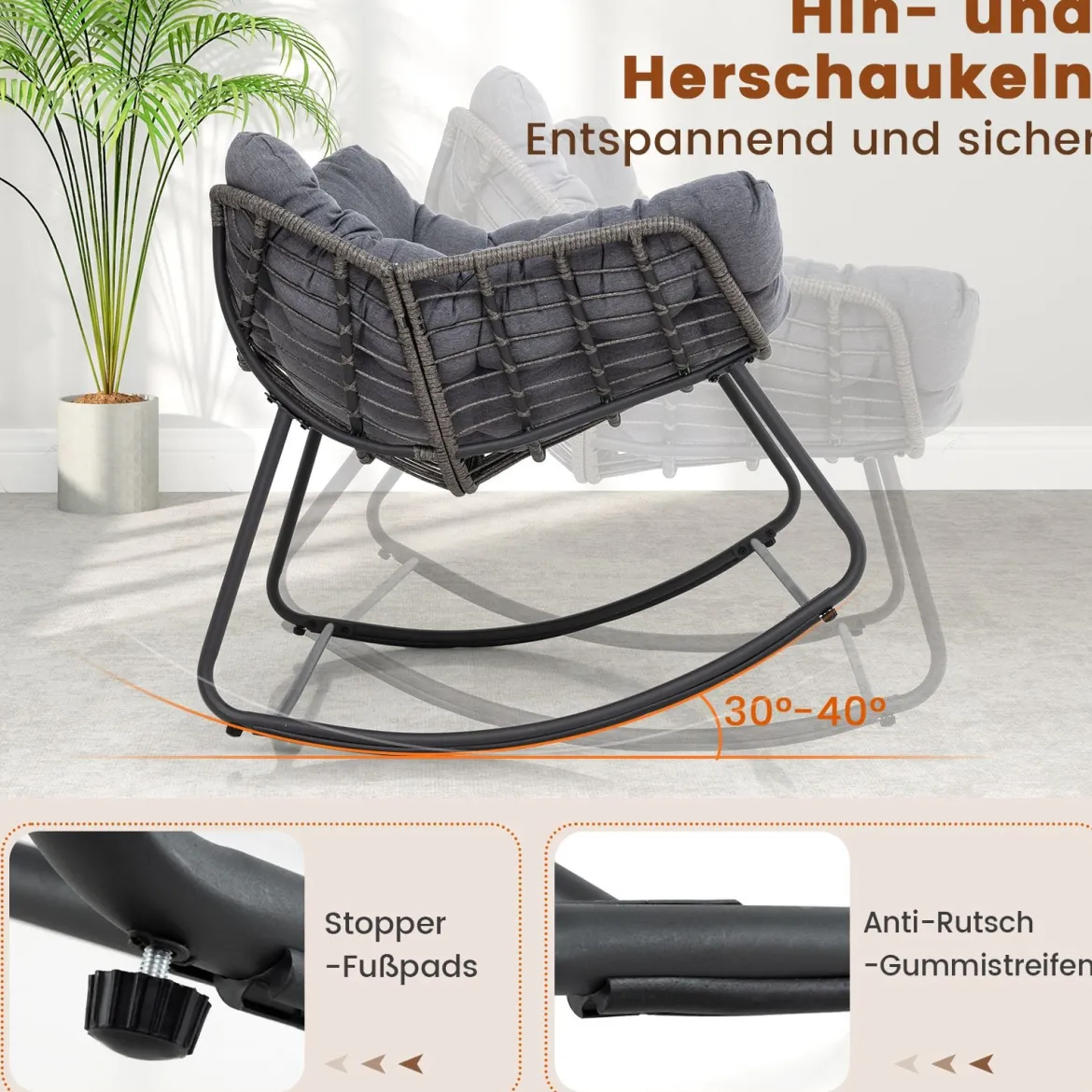 Schaukelstuhl mit Dickem & Abnehmbarem Kissen Übergroßer Schaukelsessel Relaxsessel Grau