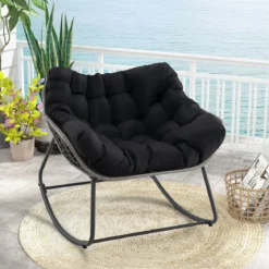 Schaukelstuhl mit Dickem & Abnehmbarem Kissen Übergroßer Schaukelsessel Relaxsessel Schwarz