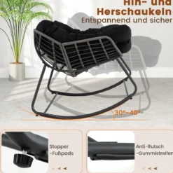 Schaukelstuhl mit Dickem & Abnehmbarem Kissen Übergroßer Schaukelsessel Relaxsessel Schwarz