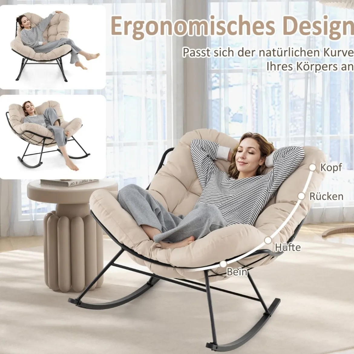 Schaukelstuhl mit Gepolstertem Kissen & 205 kg Tragkraft Schaukelsessel Terrassensessel Beige