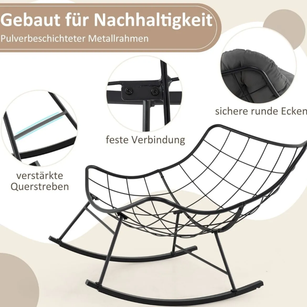 Schaukelstuhl mit Gepolstertem Kissen & 205 kg Tragkraft Schaukelsessel Terrassensessel