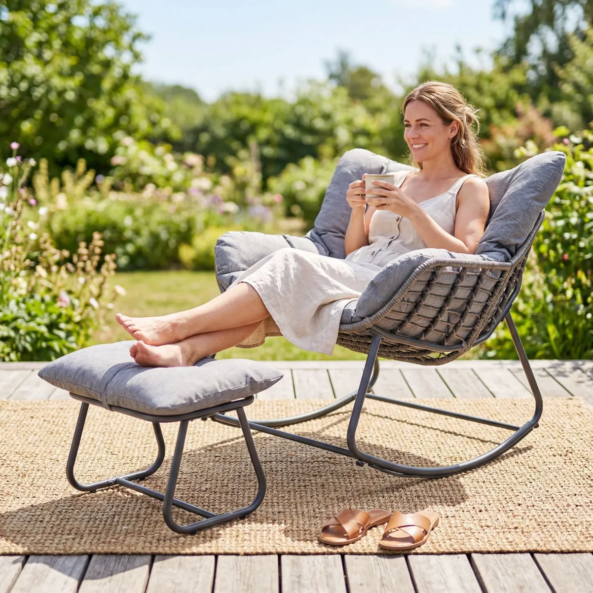 Schaukelstuhl mit Hocker Schaukelsessel mit PE-Rattan & Metallrahmen ergonomischer Relaxsessel