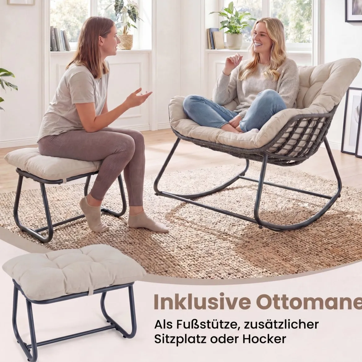 Schaukelstuhl mit Hocker Schaukelsessel mit PE-Rattan & Metallrahmen ergonomischer Relaxsessel
